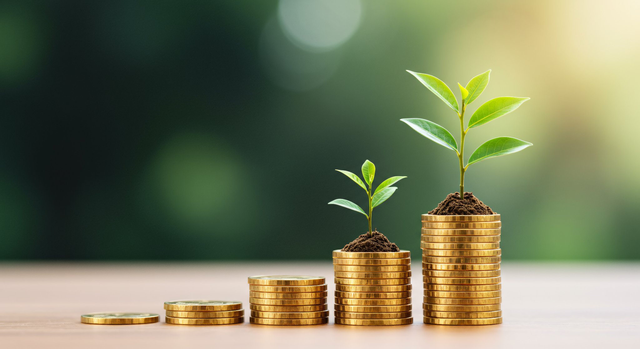 Coin stacks with growing plants representing small business growth